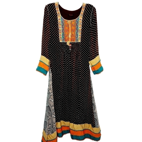 Boho Maxi Dress Smocked Tassled Print Flared Flowy Coachella Festival Sz Small - Picture 1 of 16